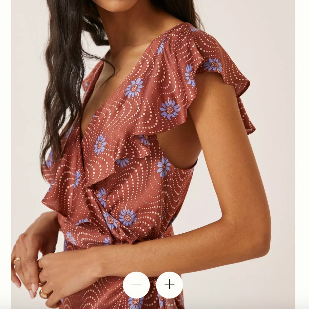 ANTHRO brown rust red Ruffle-Sleeve Printed-Wrap Maxi Dress - Picture 12 of 12